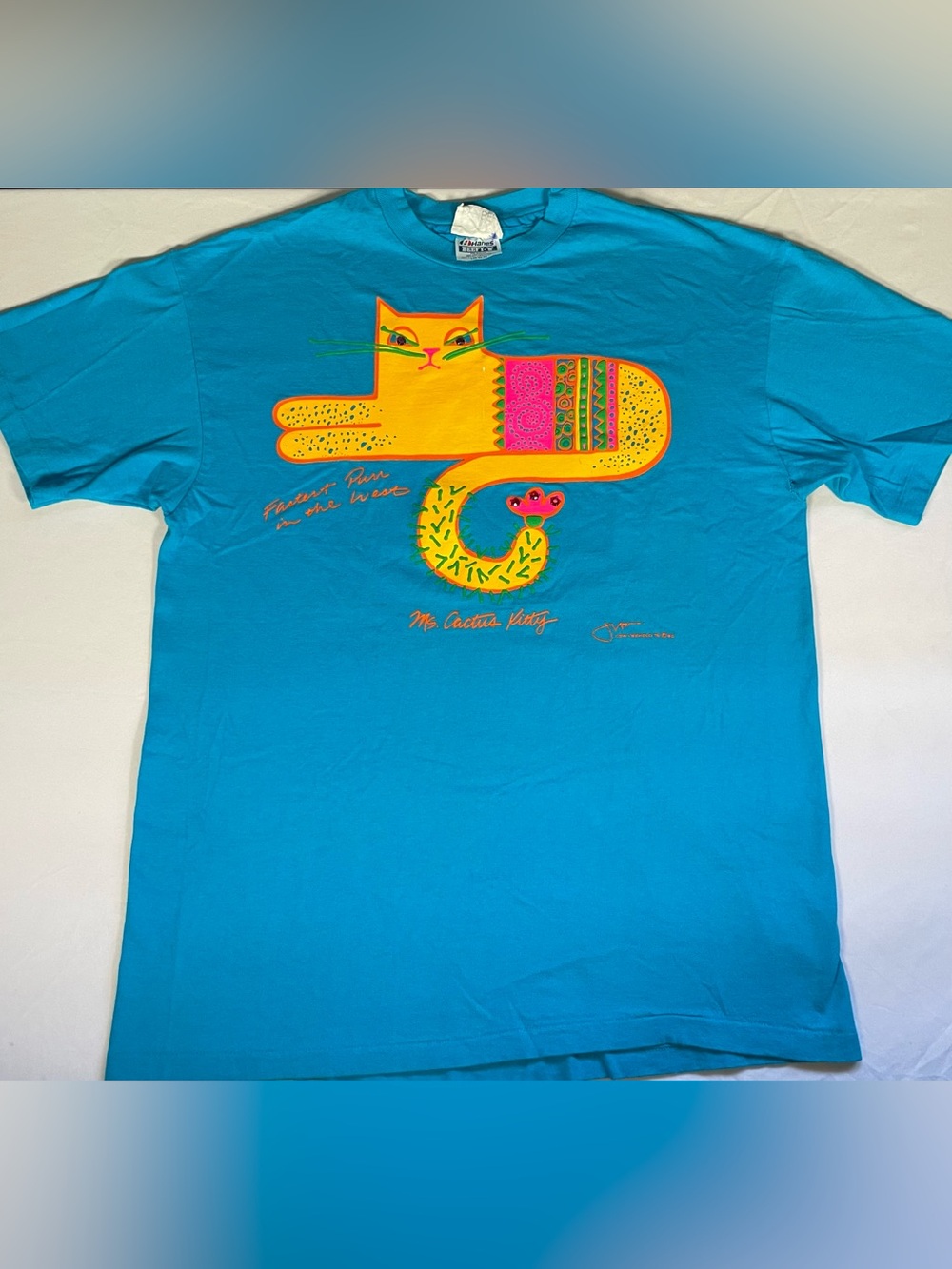 Vintage 90s Single Stitch Turquoise Hanes T Shirt Low and Behold Graphic Unisex